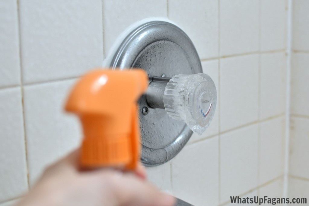 Spraying Four Monks Cleaning Vinegar in Bathroom